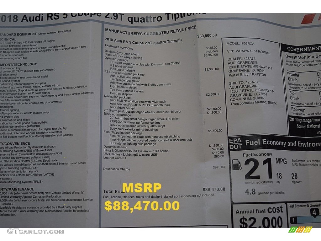 2018 Audi RS 5 2.9T quattro Coupe Window Sticker Photo #132902844