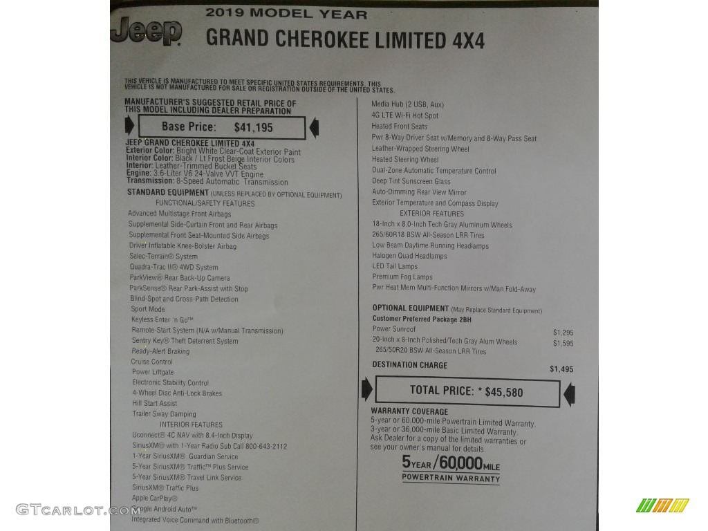 2019 Grand Cherokee Limited 4x4 - Bright White / Light Frost Beige/Black photo #38