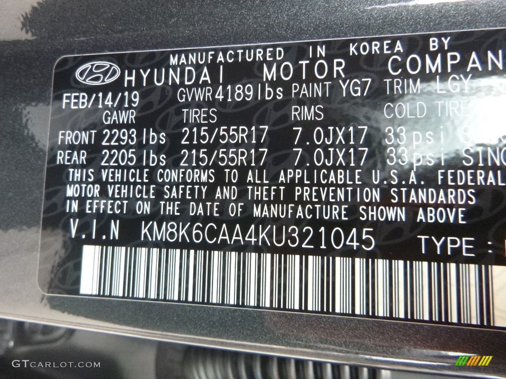 2019 Kona Color Code YG7 for Thunder Gray Photo #132938177