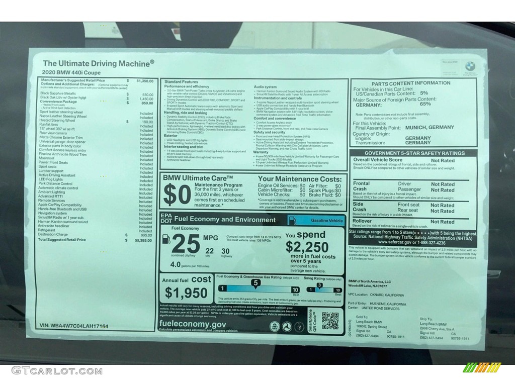 2020 BMW 4 Series 440i Coupe Window Sticker Photo #133004636