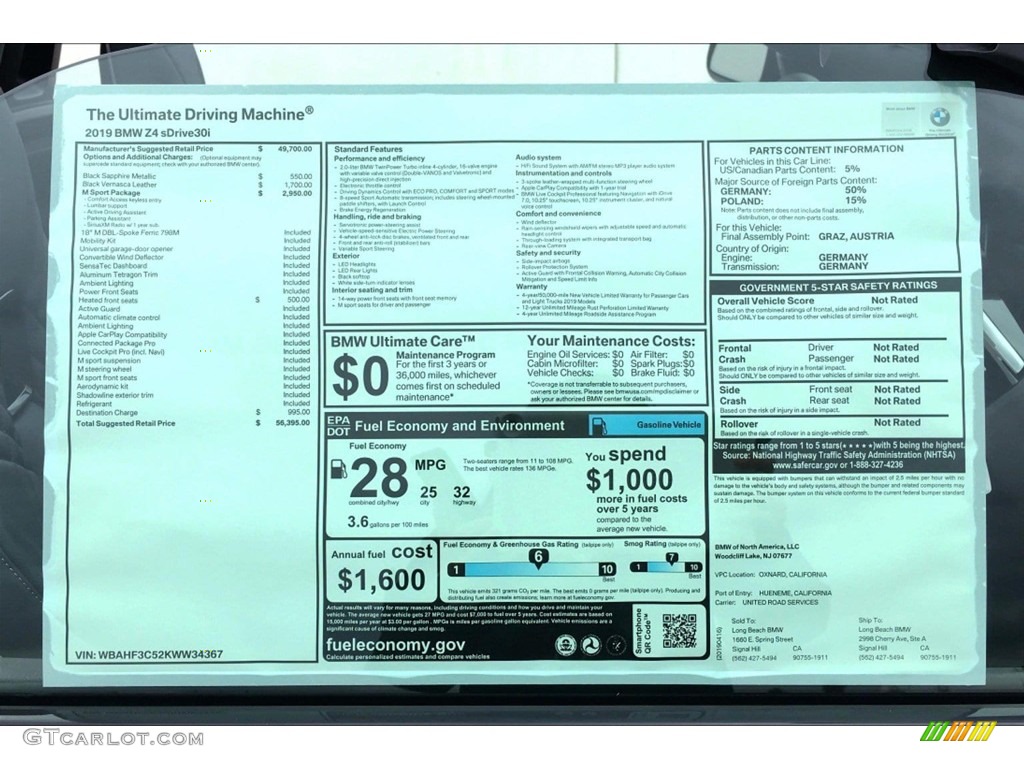 2019 BMW Z4 sDrive30i Window Sticker Photo #133005383