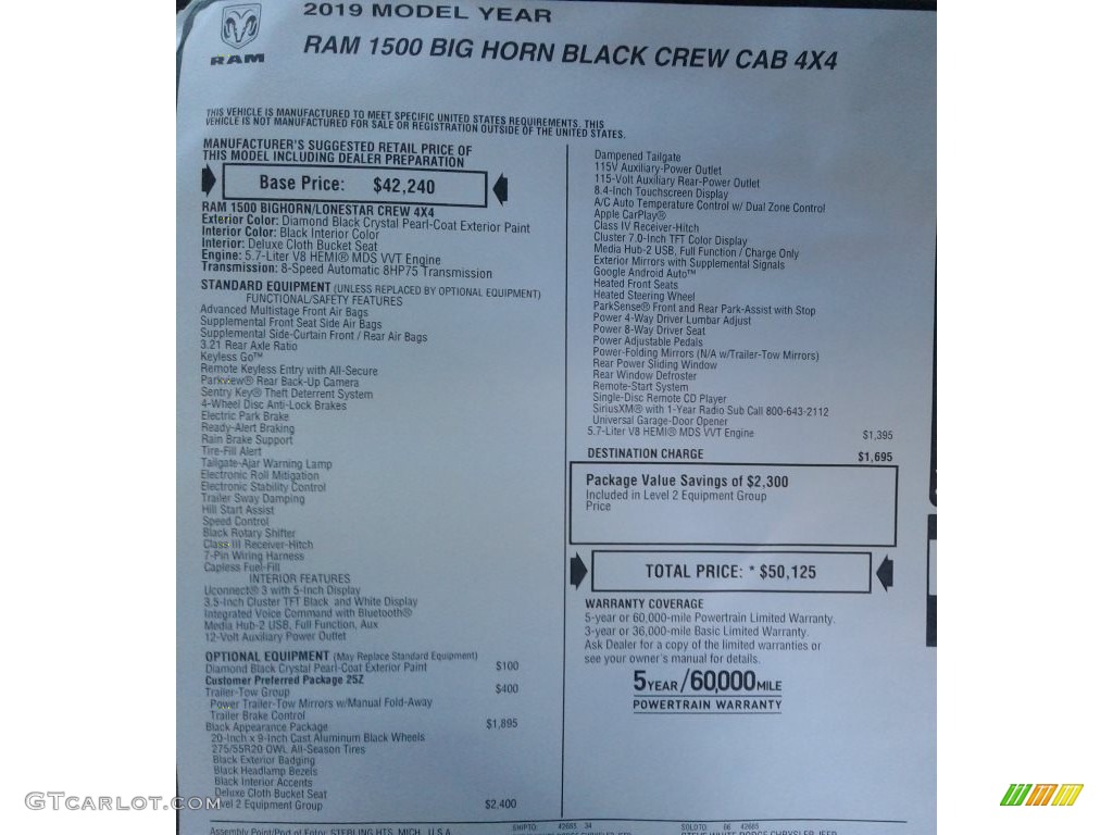2019 1500 Big Horn Crew Cab 4x4 - Diamond Black Crystal Pearl / Black photo #37