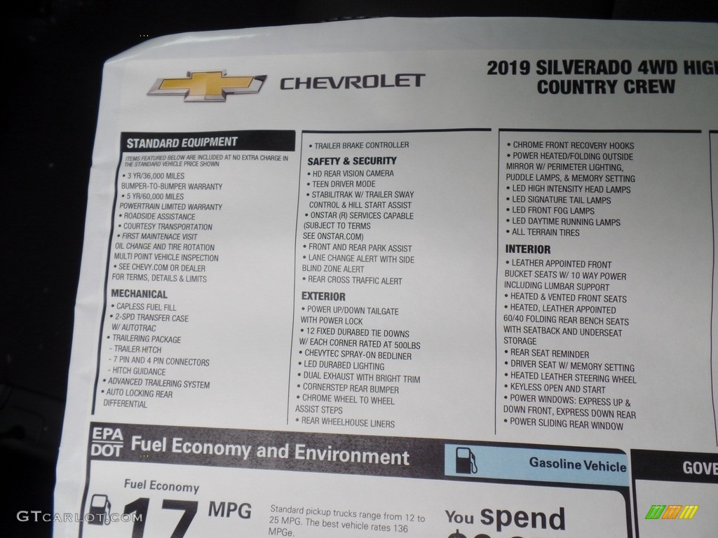 2019 Chevrolet Silverado 1500 High Country Crew Cab 4WD Window Sticker Photo #133009484