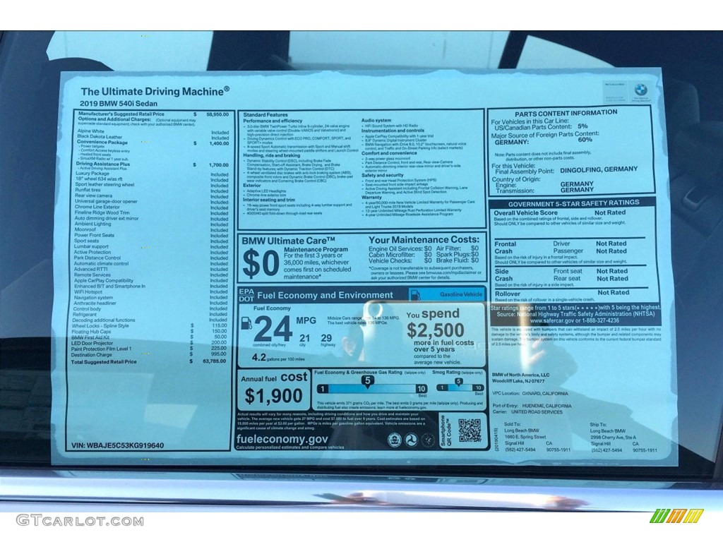 2019 5 Series 540i Sedan - Alpine White / Black photo #11