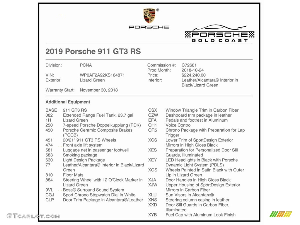 2019 Porsche 911 GT3 RS Window Sticker Photos