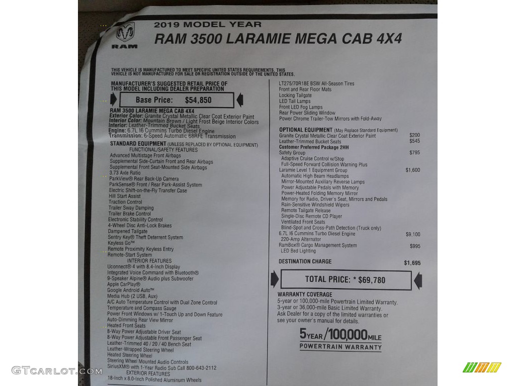 2019 Ram 3500 Laramie Mega Cab 4x4 Window Sticker Photo #133047653