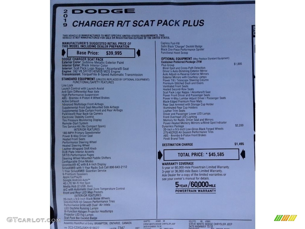 2019 Dodge Charger R/T Scat Pack Window Sticker Photo #133051517