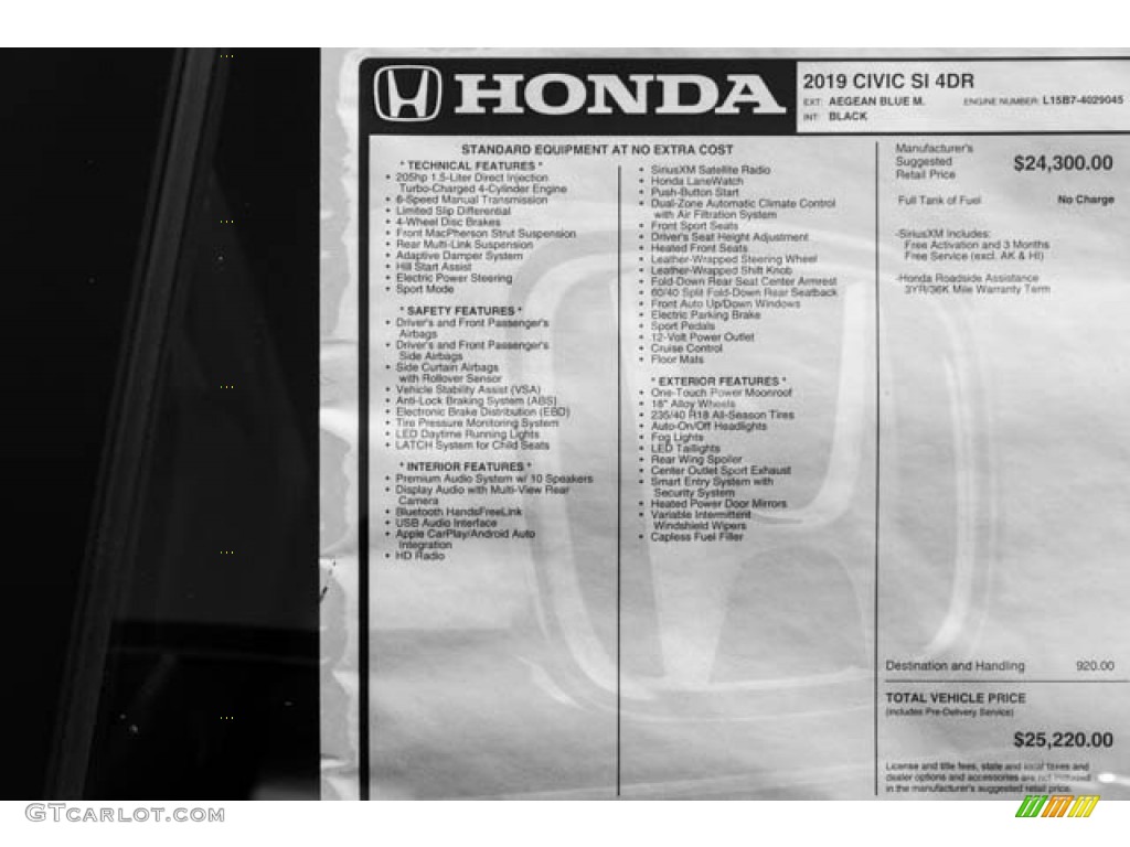 2019 Honda Civic Si Sedan Window Sticker Photos
