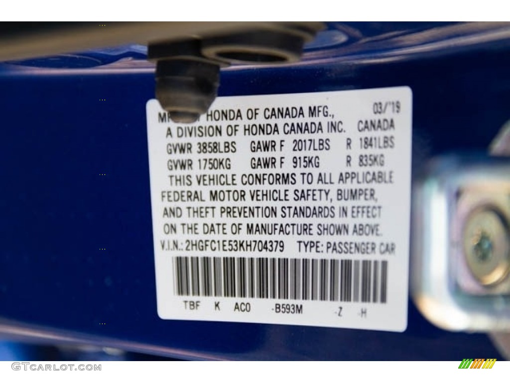 2019 Civic Color Code B593M for Agean Blue Metallic Photo #133106545