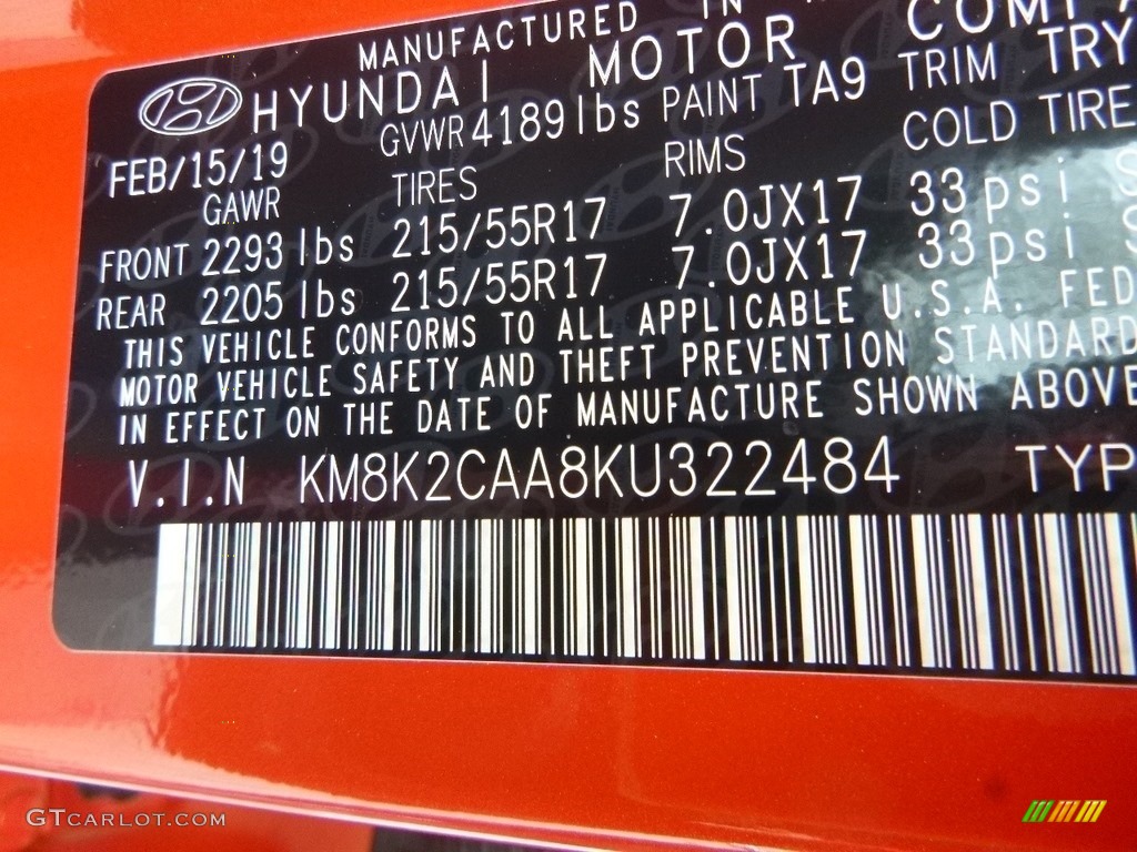 2019 Hyundai Kona SEL AWD Color Code Photos