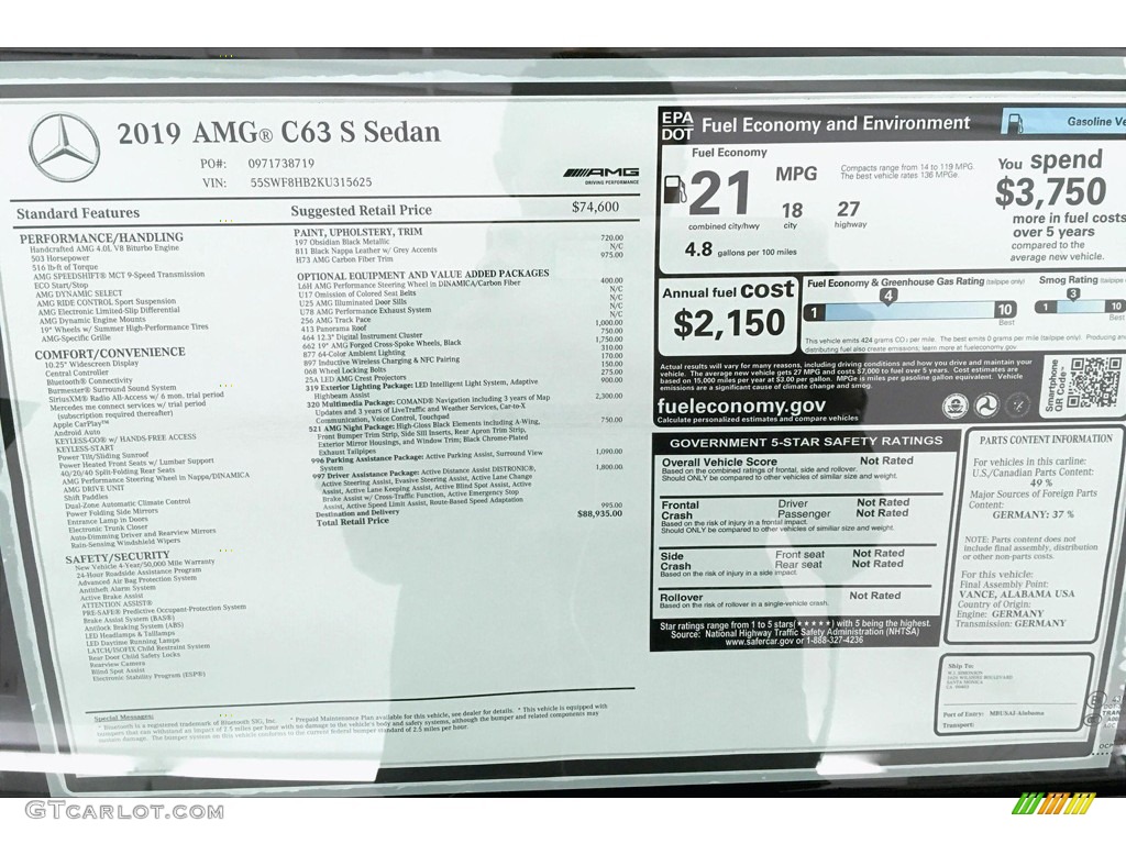 2019 Mercedes-Benz C AMG 63 S Sedan Window Sticker Photo #133126763