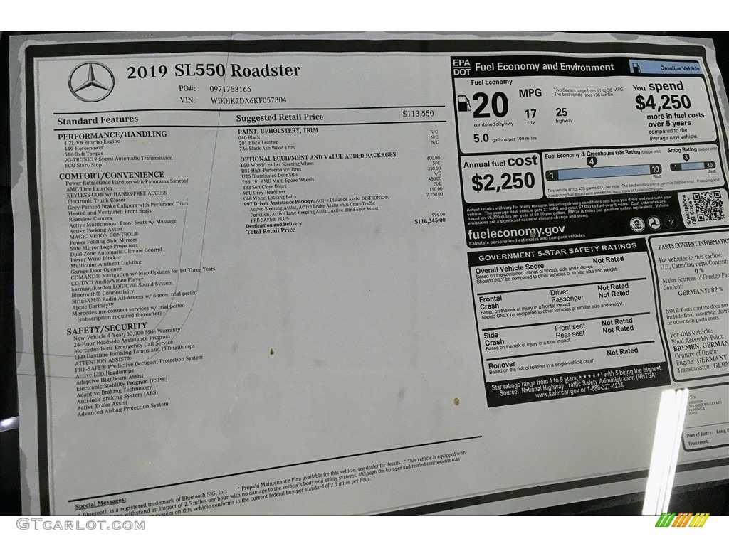 2019 Mercedes-Benz SL 550 Roadster Window Sticker Photo #133129724