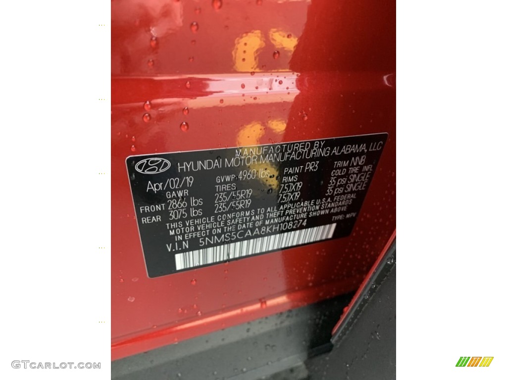2019 Santa Fe Color Code PR5 for Scarlet Red Photo #133130360