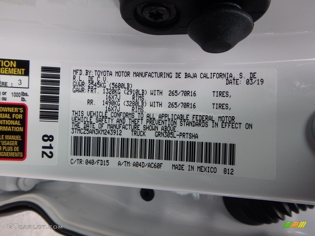 2019 Tacoma Color Code 040 for Super White Photo #133130828