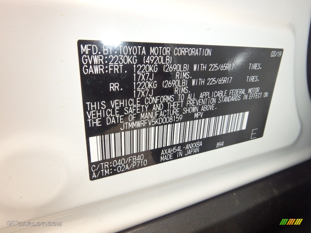2019 RAV4 Color Code 040 for Super White Photo #133132937