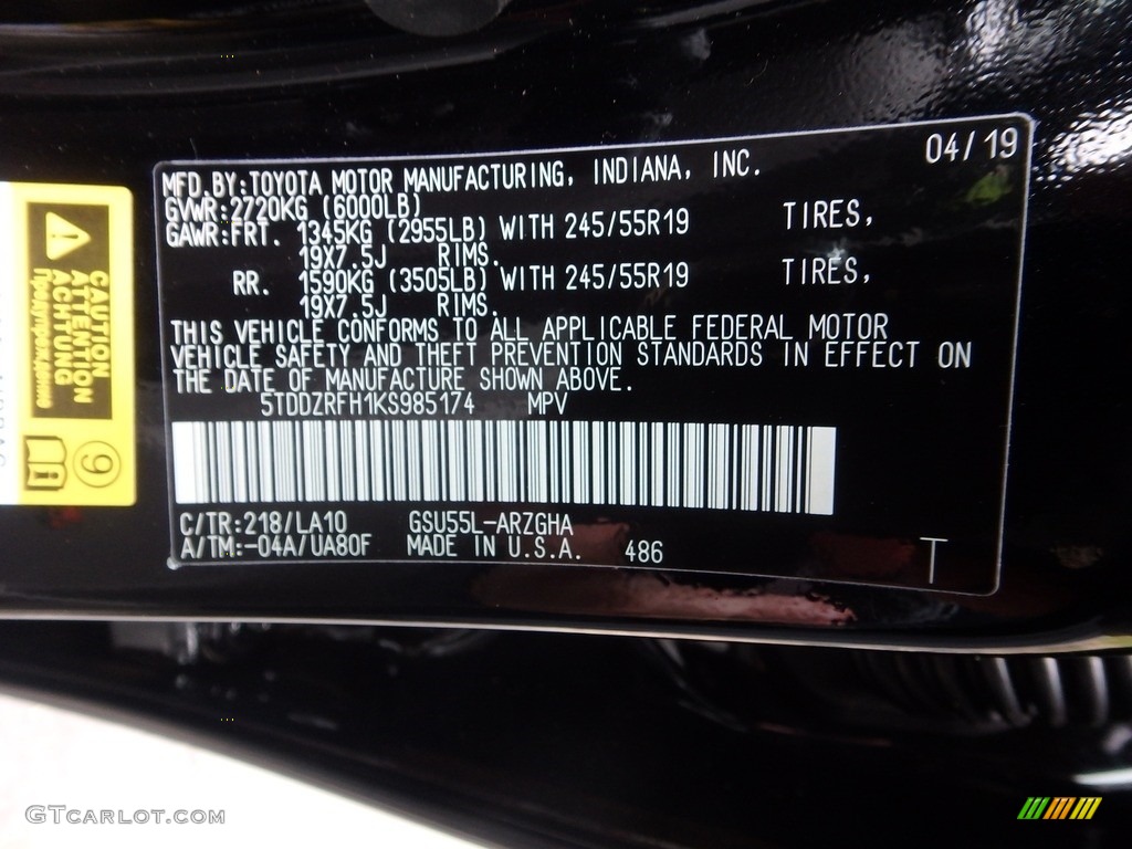 2019 Highlander Color Code 218 for Midnight Black Metallic Photo #133135718