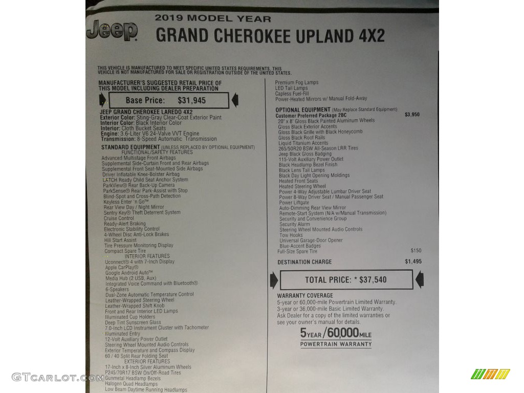 2019 Grand Cherokee Upland 4x4 - Sting-Gray / Black photo #33