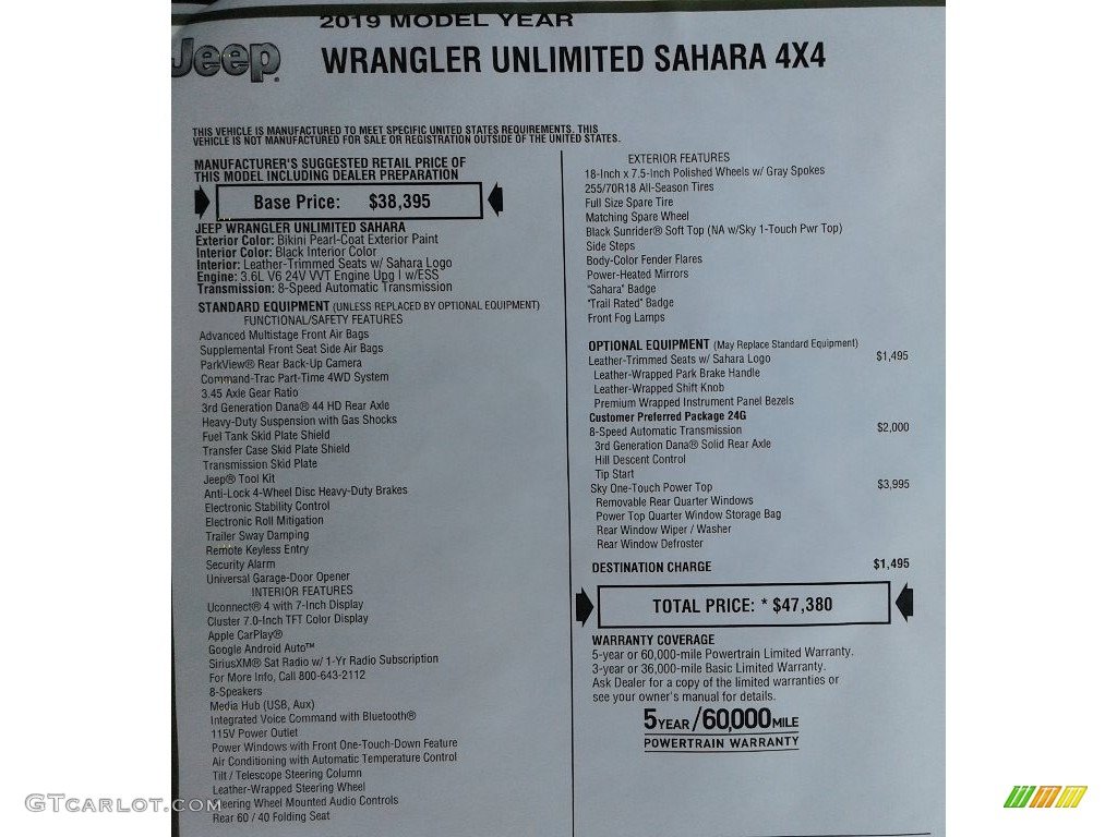 2019 Jeep Wrangler Unlimited Sahara 4x4 Window Sticker Photo #133137542