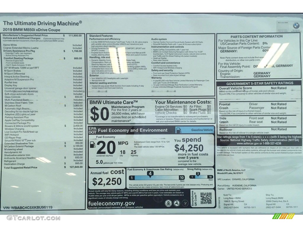 2019 BMW 8 Series 850i xDrive Coupe Window Sticker Photo #133138856