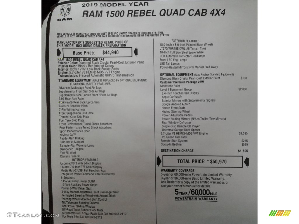 2019 1500 Rebel Quad Cab 4x4 - Diamond Black Crystal Pearl / Black/Red photo #33