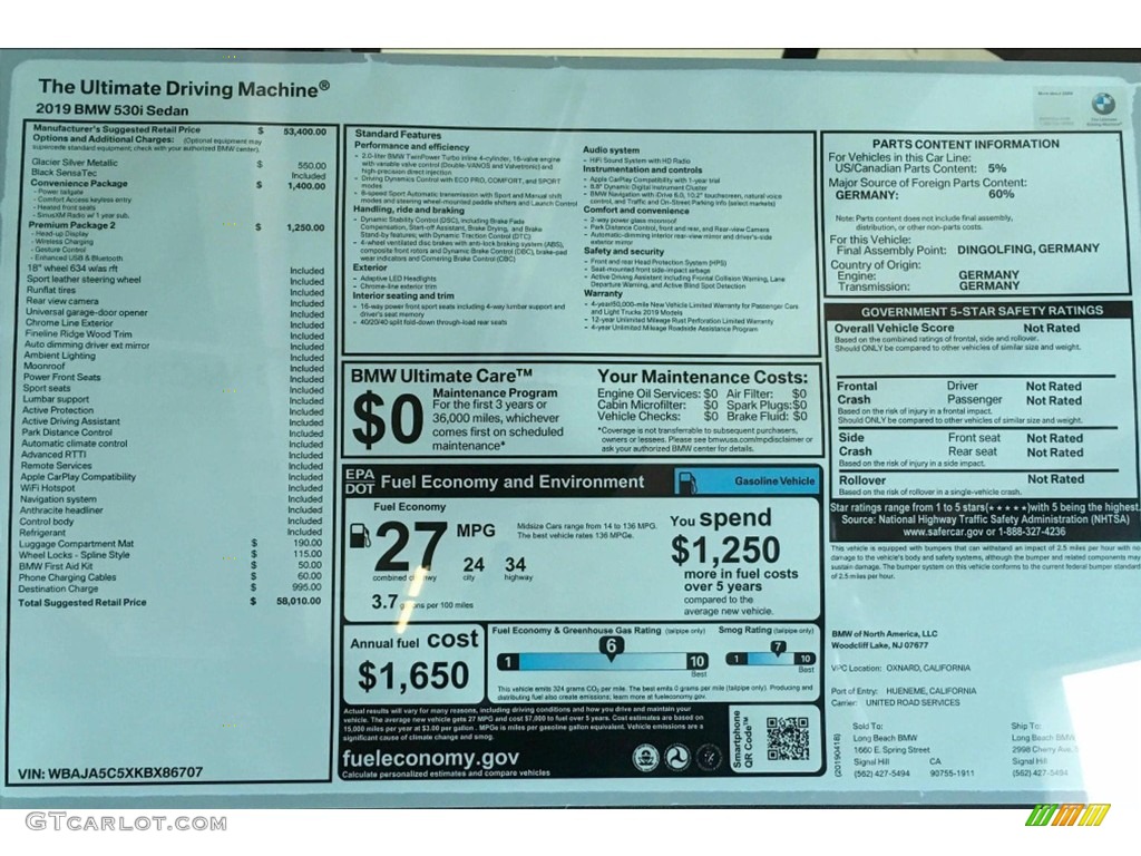 2019 5 Series 530i Sedan - Glacier Silver Metallic / Black photo #11