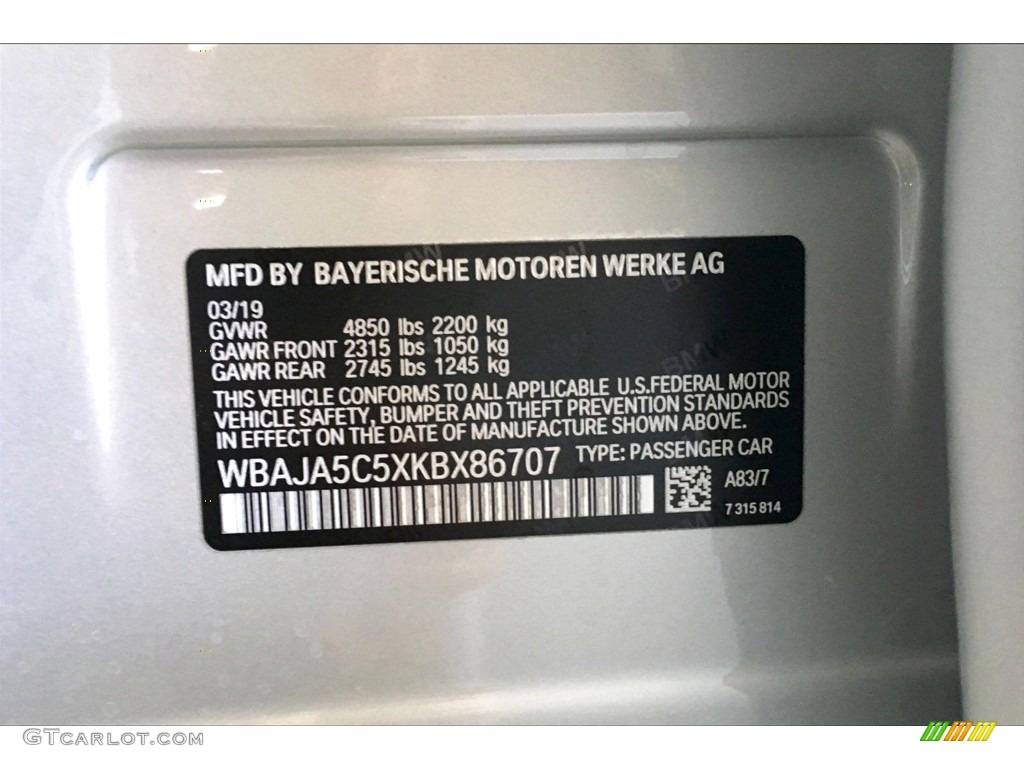 2019 5 Series 530i Sedan - Glacier Silver Metallic / Black photo #12