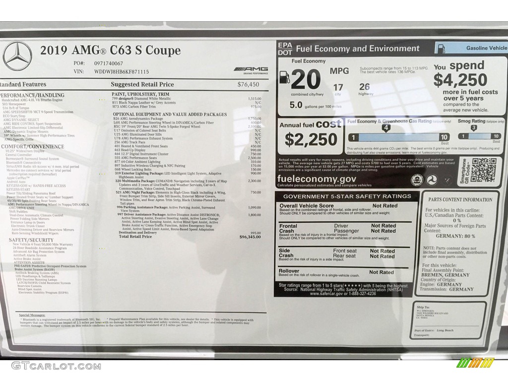 2019 Mercedes-Benz C AMG 63 S Coupe Window Sticker Photo #133163531