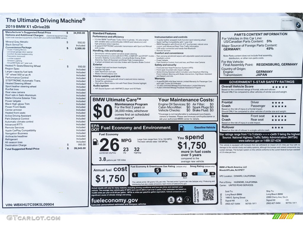 2019 BMW X1 sDrive28i Window Sticker Photo #133176180