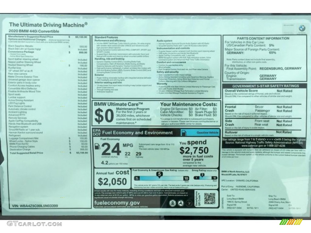 2020 BMW 4 Series 440i Convertible Window Sticker Photo #133190601