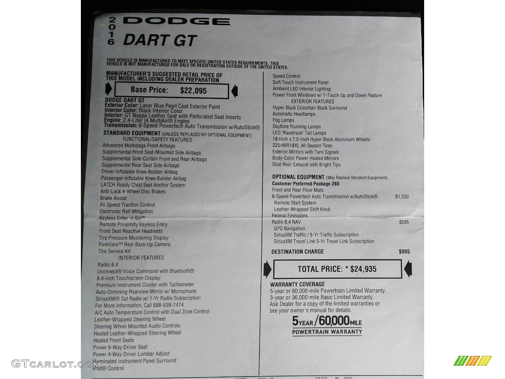 2016 Dart GT - Laser Blue Pearl / Black photo #32