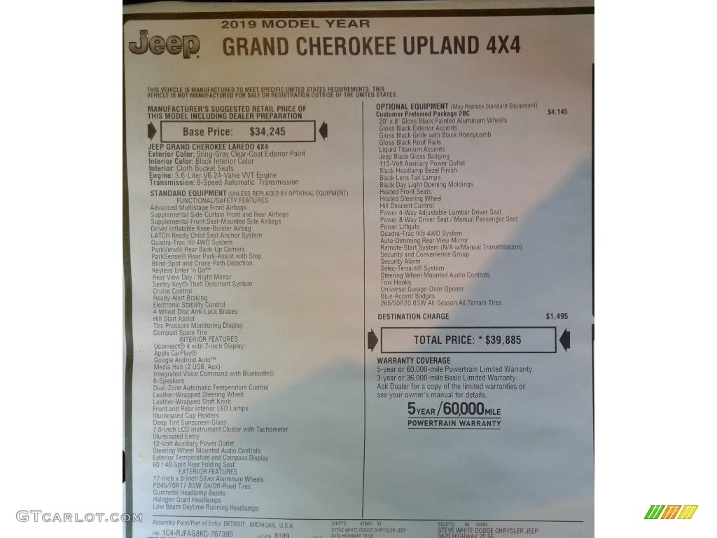 2019 Grand Cherokee Upland 4x4 - Sting-Gray / Black photo #35