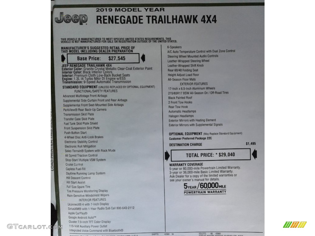 2019 Renegade Trailhawk 4x4 - Granite Crystal Metallic / Black photo #33