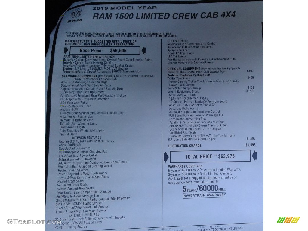 2019 1500 Limited Crew Cab 4x4 - Diamond Black Crystal Pearl / Black photo #41