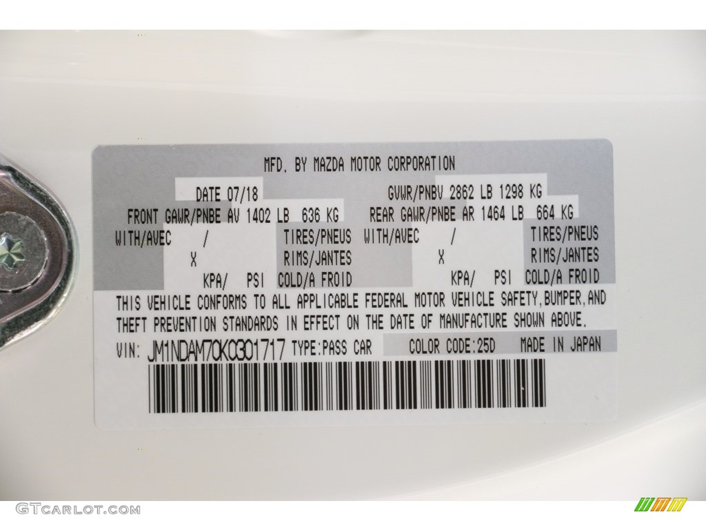 2019 MX-5 Miata RF Color Code 25D for Snowflake White Pearl Mica Photo #133226358