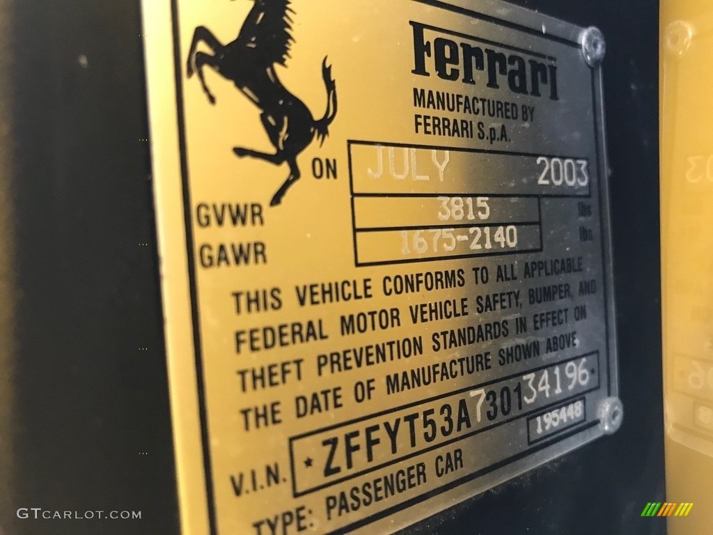 2003 Ferrari 360 Spider F1 Info Tag Photo #133251596