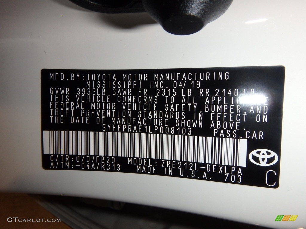 2020 Corolla Color Code 070 for Blizzard Pearl White Photo #133252618
