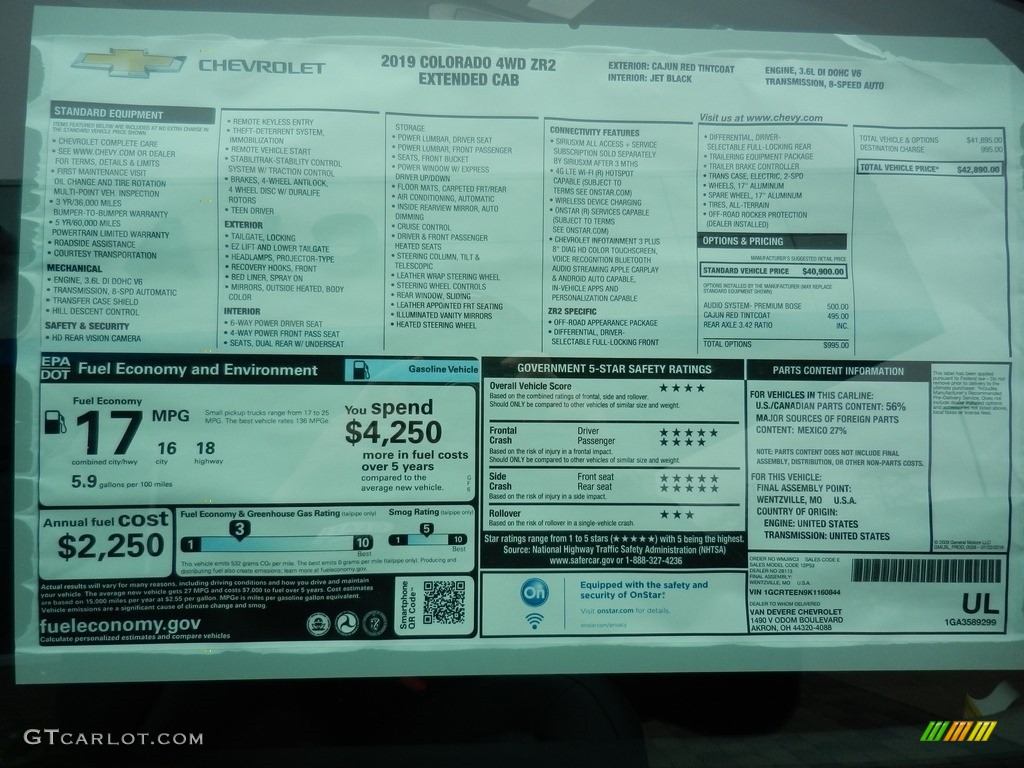 2019 Chevrolet Colorado Z71 Extended Cab 4x4 Window Sticker Photo #133255631