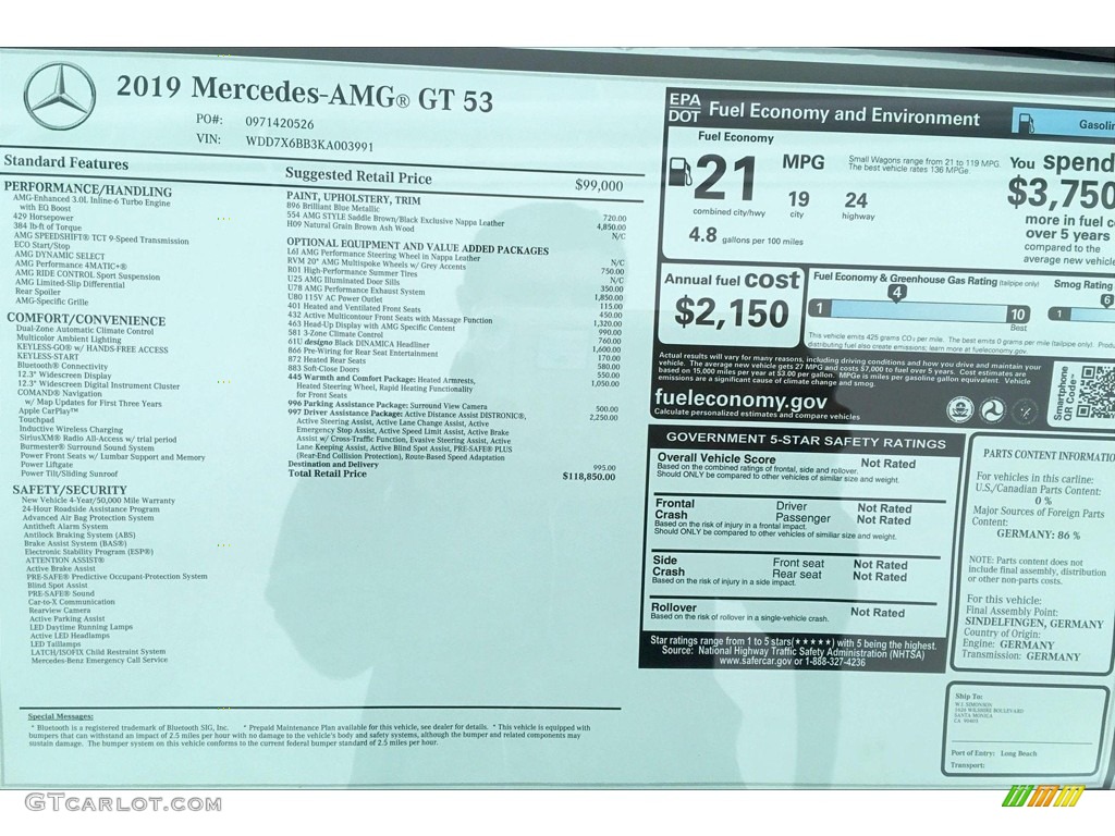 2019 Mercedes-Benz AMG GT 53 Window Sticker Photo #133257959