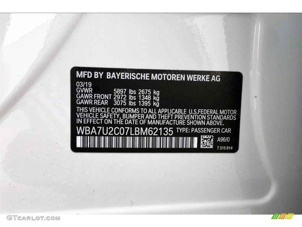 2020 7 Series Color Code A96 for Mineral White Metallic Photo #133276710