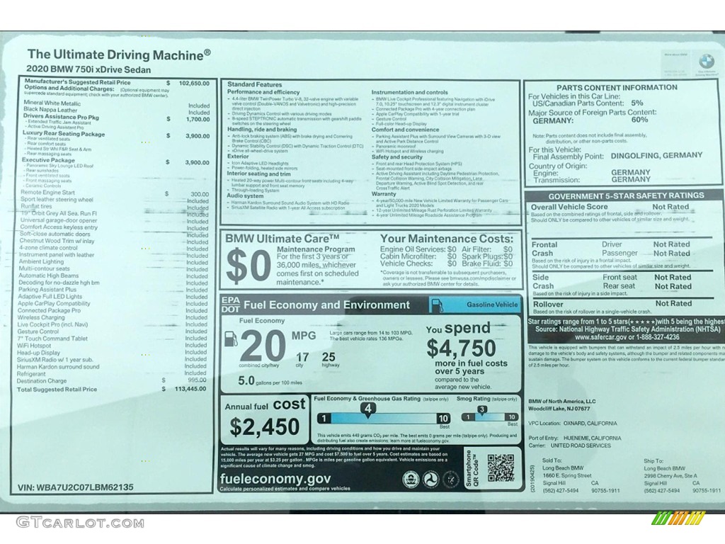 2020 BMW 7 Series 750i xDrive Sedan Window Sticker Photo #133276825