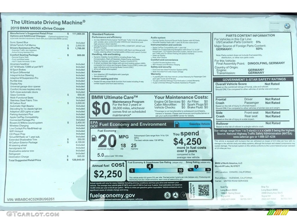 2019 BMW 8 Series 850i xDrive Coupe Window Sticker Photo #133280203