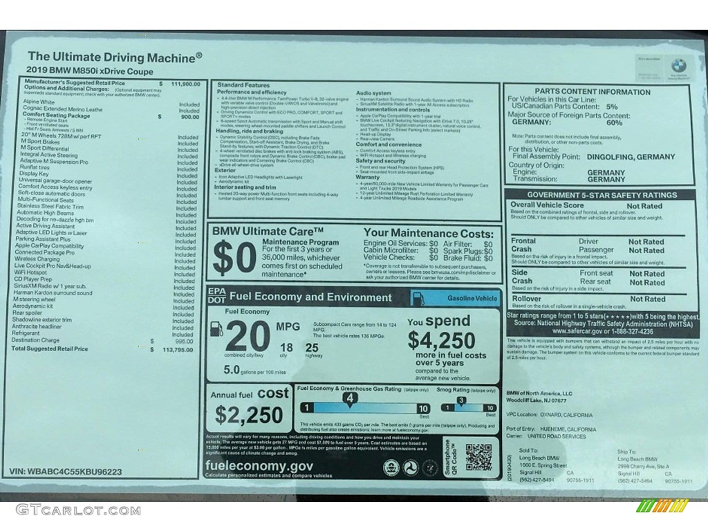 2019 BMW 8 Series 850i xDrive Coupe Window Sticker Photo #133280776