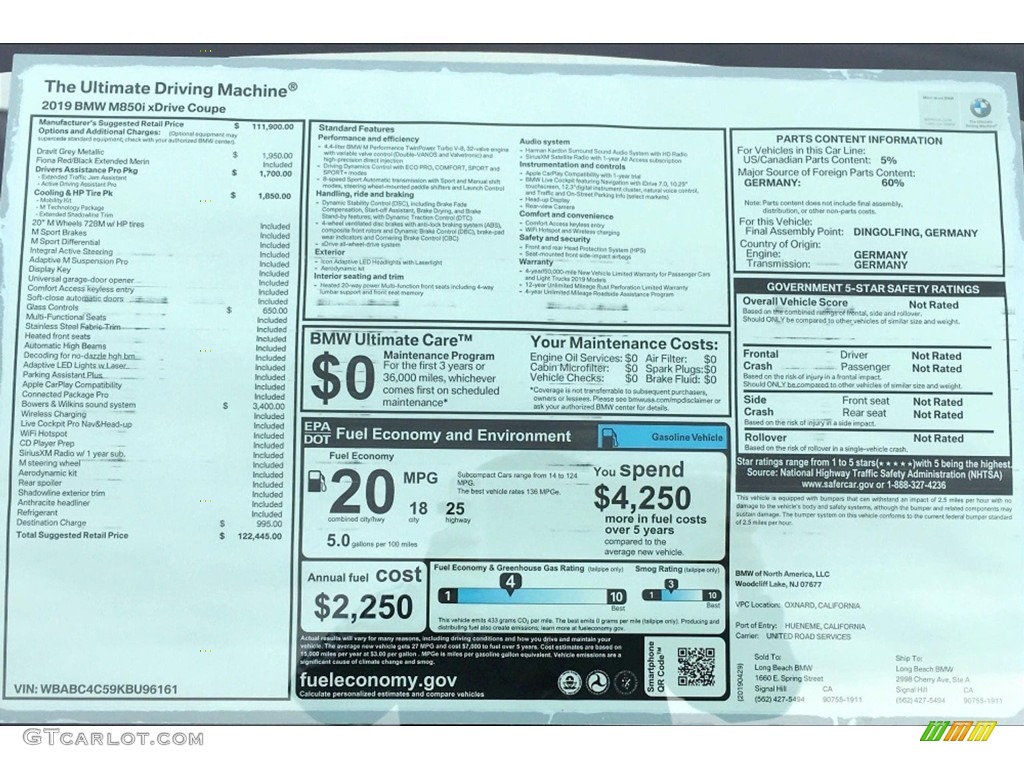 2019 BMW 8 Series 850i xDrive Coupe Window Sticker Photo #133281391