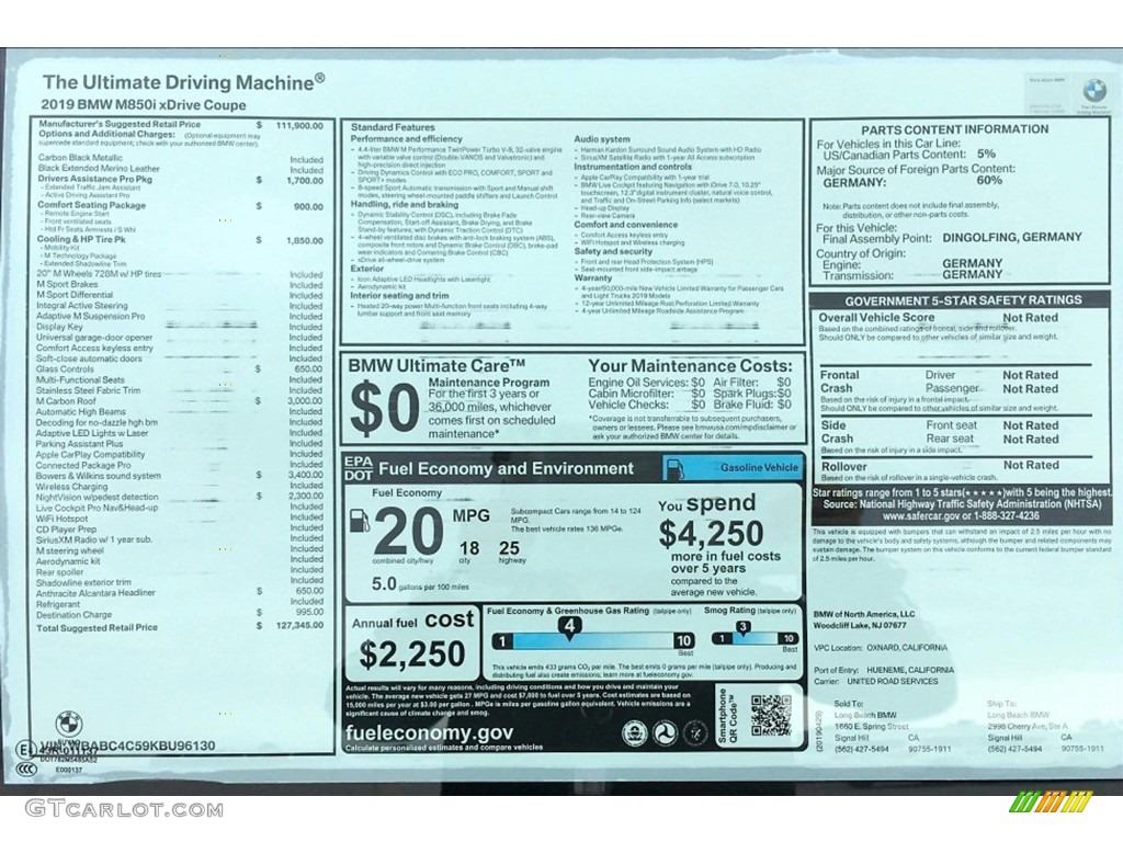 2019 BMW 8 Series 850i xDrive Coupe Window Sticker Photo #133281695