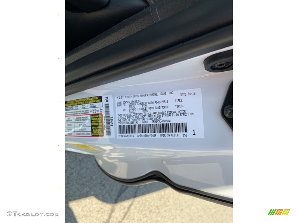 2019 Tacoma Color Code 040 for Super White Photo #133301685