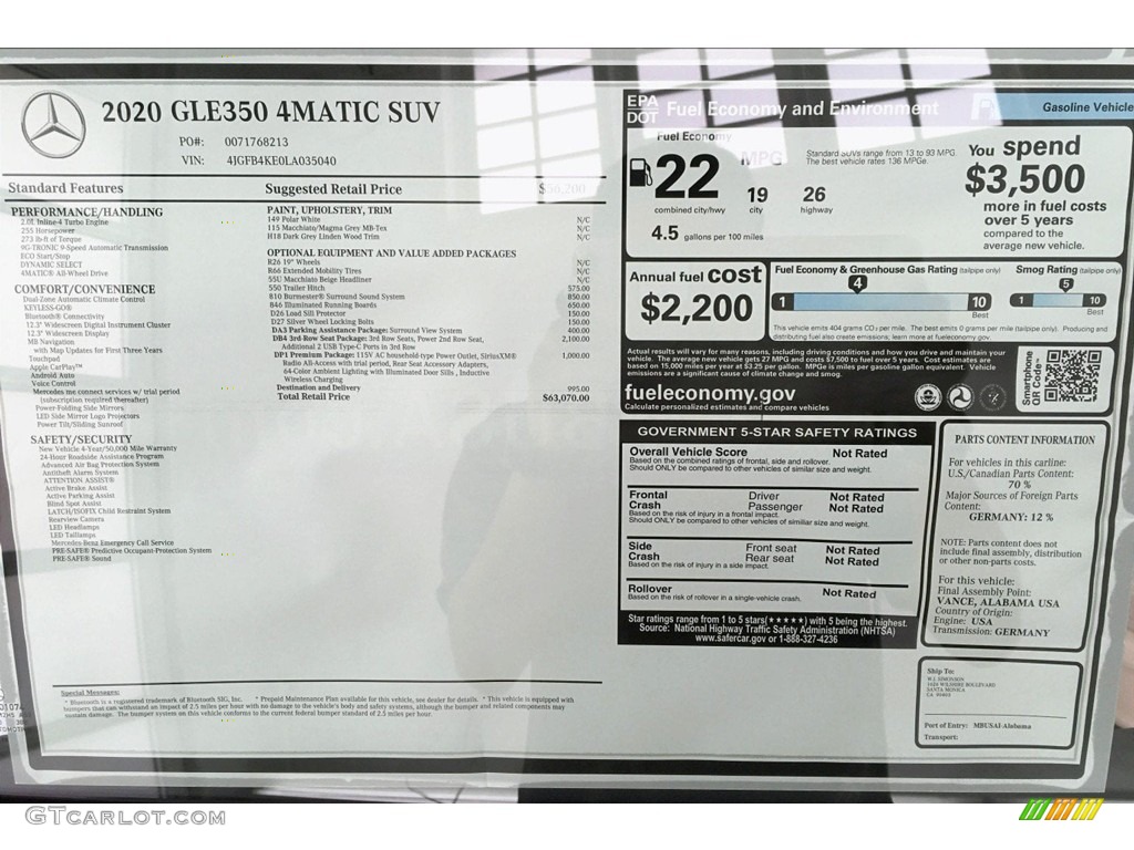 2020 Mercedes-Benz GLE 350 4Matic Window Sticker Photo #133314018