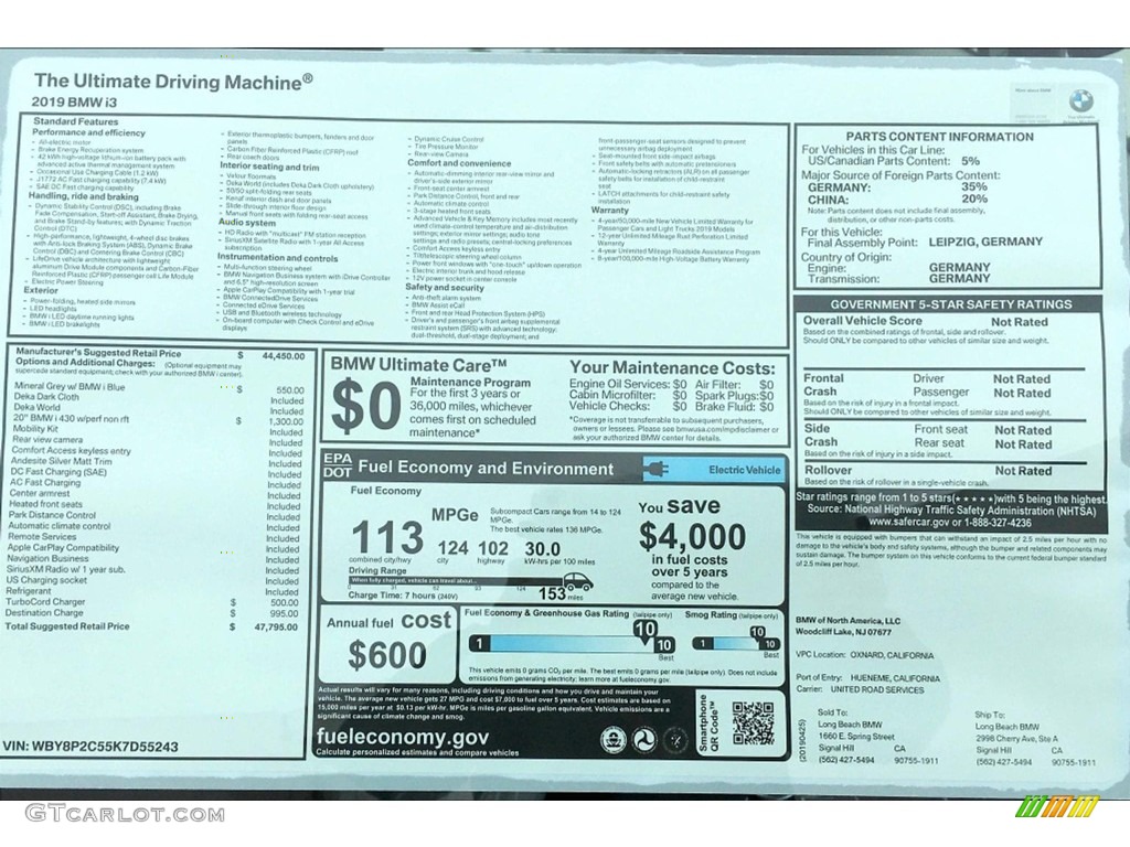 2019 BMW i3 Standard i3 Model Window Sticker Photo #133363766