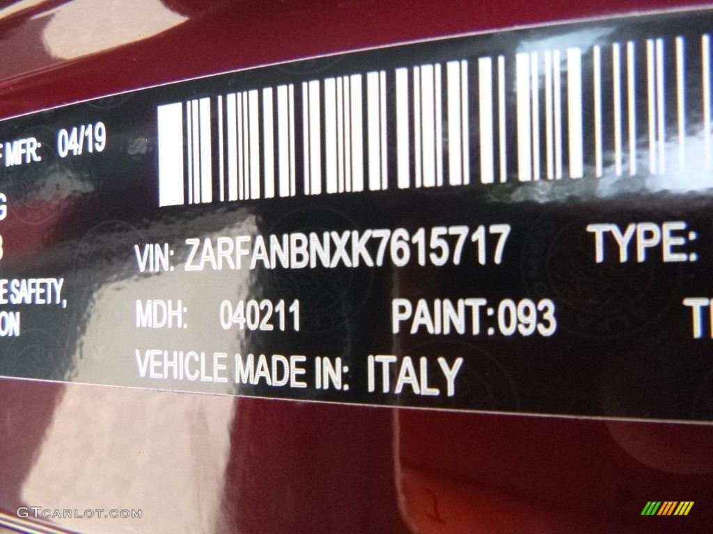 2019 Giulia Color Code 093 for Monza Red Metallic Photo #133379002