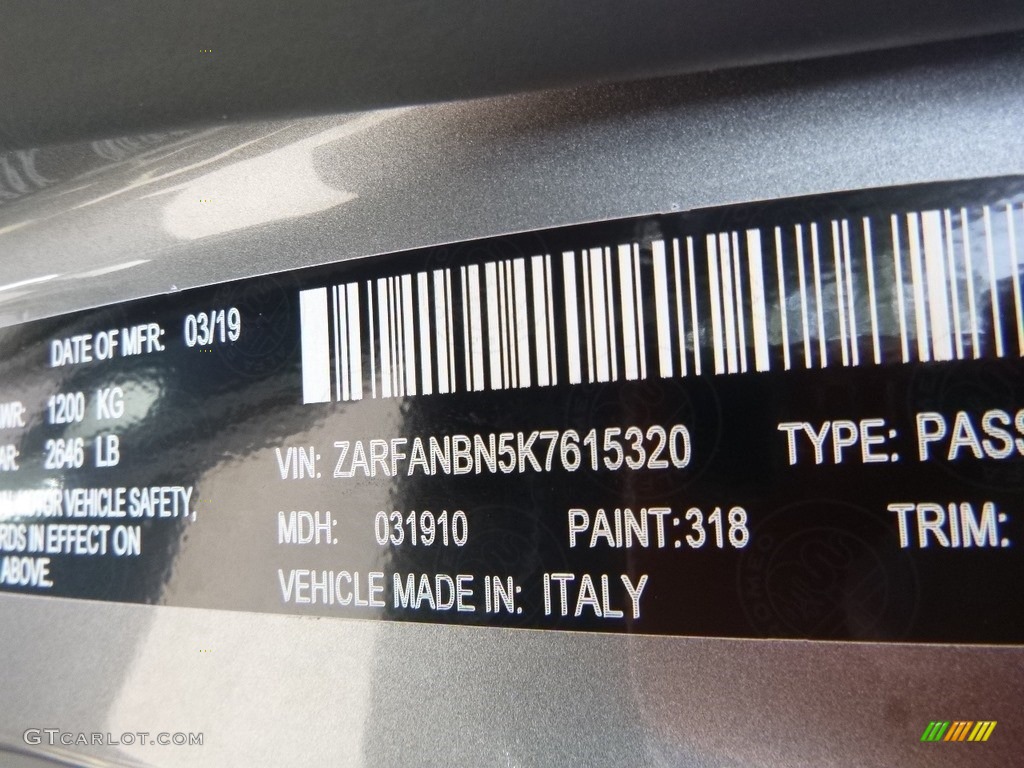 2019 Giulia Color Code 318 for Stromboli Gray Metallic Photo #133379611