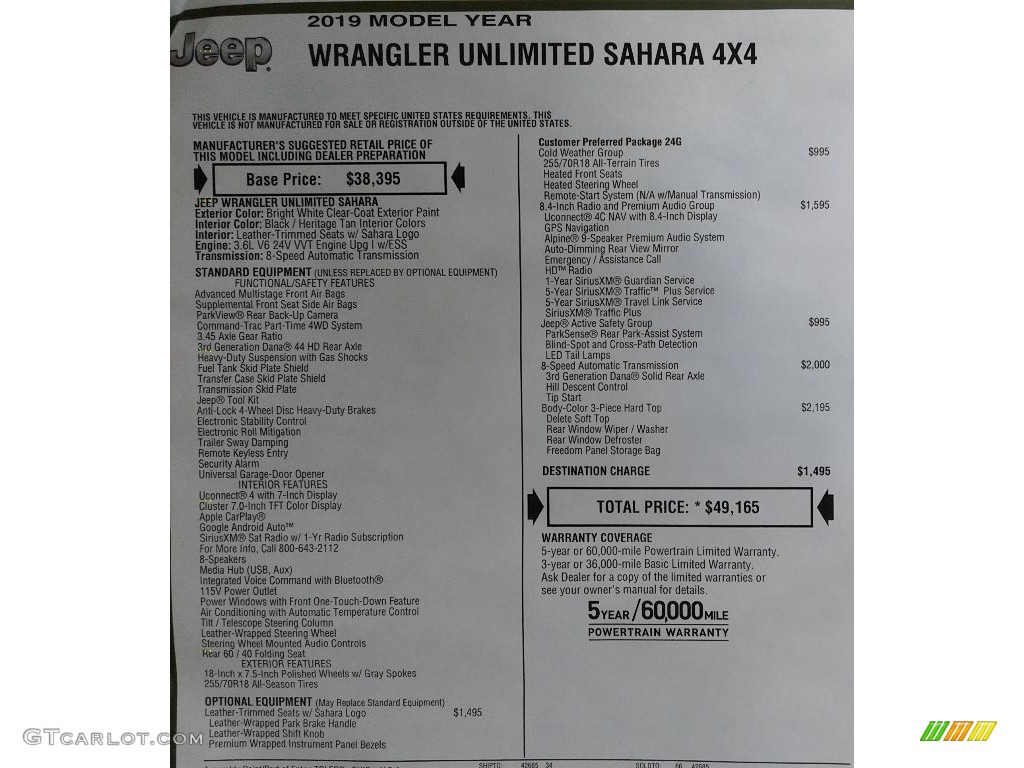 2019 Wrangler Unlimited Sahara 4x4 - Bright White / Black/Heritage Tan photo #37